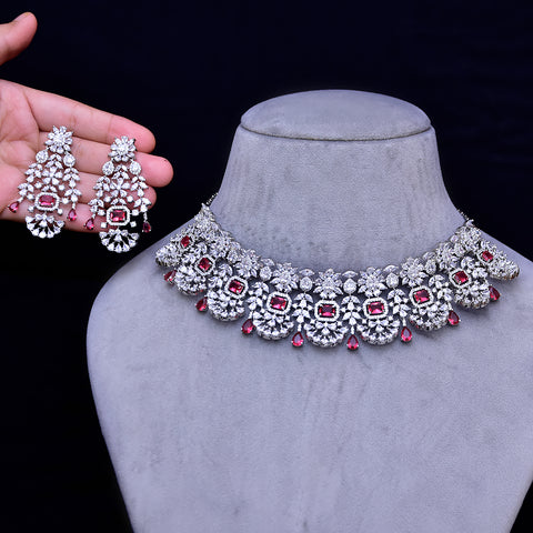 Designer Semi-Precious American Diamond & Ruby Necklace with Earrings (D474)