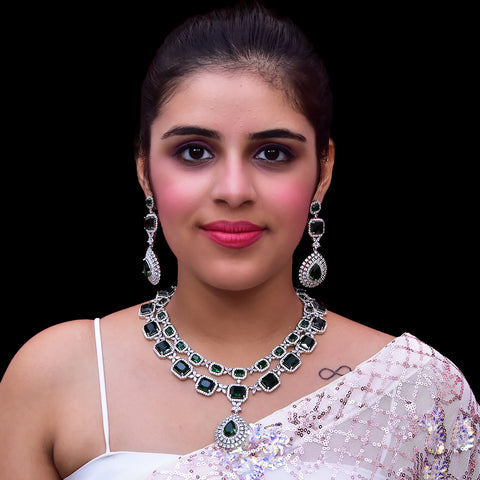 Designer Semi-Precious American Diamond & Green Emerald Necklace with Earrings (D448)