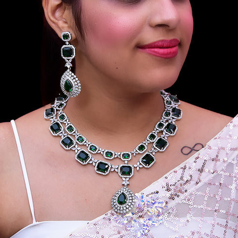 Designer Semi-Precious American Diamond & Green Emerald Necklace with Earrings (D448)