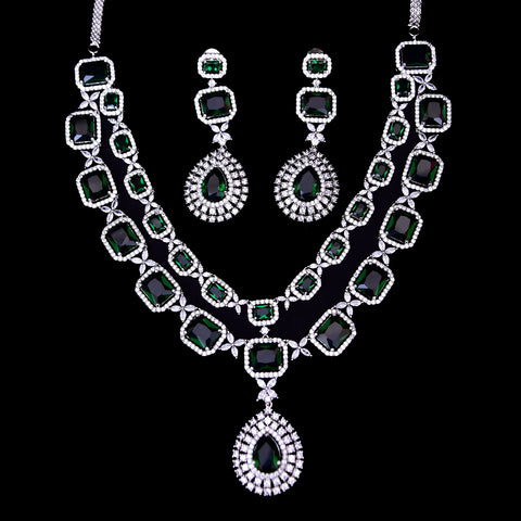 Designer Semi-Precious American Diamond & Green Emerald Necklace with Earrings (D448)