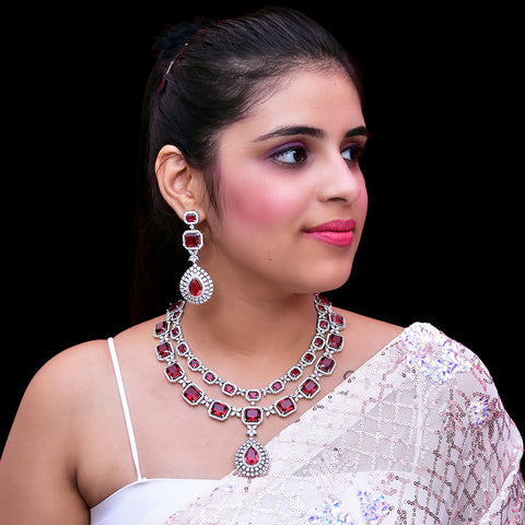 Designer Semi-Precious American Diamond & Ruby Necklace with Earrings (D447)