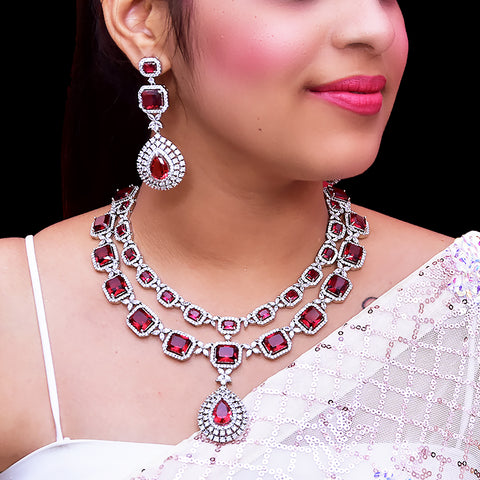 Designer Semi-Precious American Diamond & Ruby Necklace with Earrings (D447)