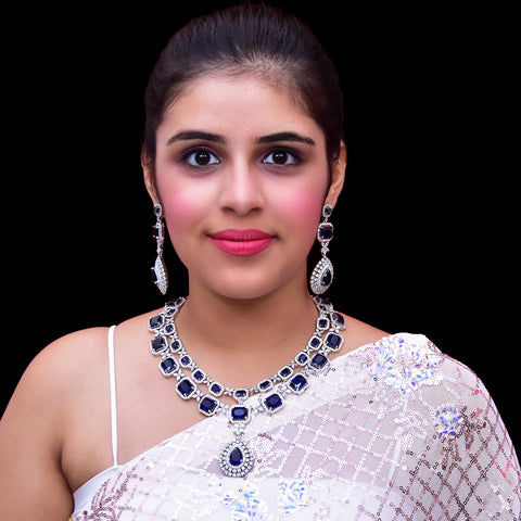 Designer Semi-Precious American Diamond & Blue Sapphire Necklace with Earrings (D449)