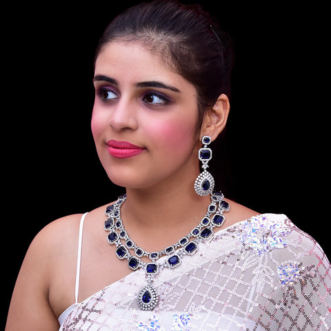 Designer Semi-Precious American Diamond & Blue Sapphire Necklace with Earrings (D449)