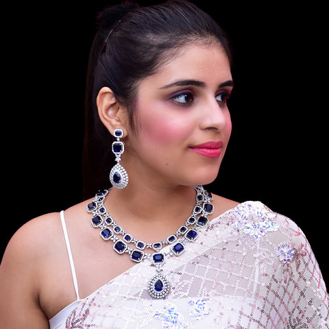 Designer Semi-Precious American Diamond & Blue Sapphire Necklace with Earrings (D449)
