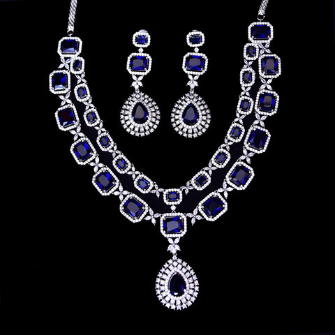 Designer Semi-Precious American Diamond & Blue Sapphire Necklace with Earrings (D449)