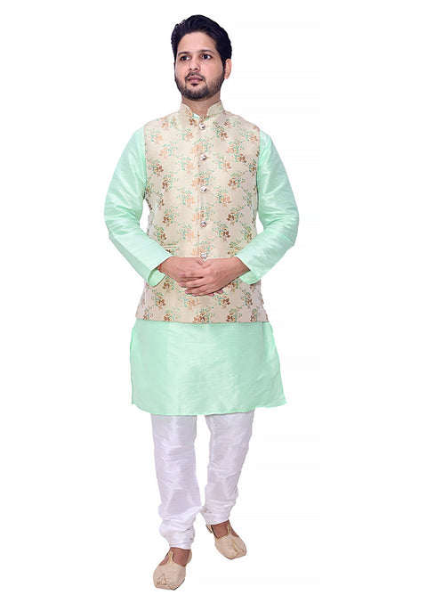 Designer Men's Festive Nehru Jacket/Waistcoat in Golden/Green Color (D92)