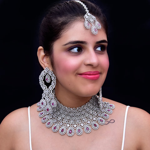 Designer Semi-Precious American Diamond & Ruby Necklace with Earrings (D473)