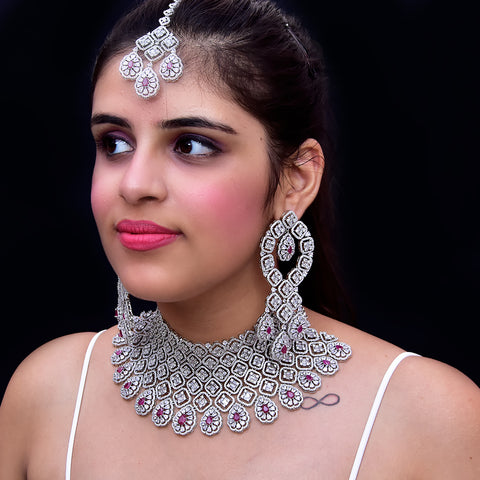Designer Semi-Precious American Diamond & Ruby Necklace with Earrings (D473)