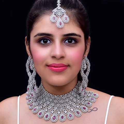 Designer Semi-Precious American Diamond & Ruby Necklace with Earrings (D473)