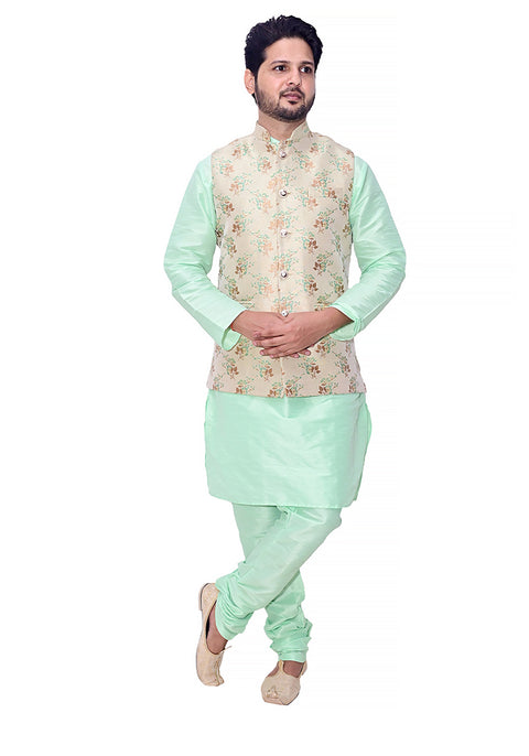 Designer Men's Festive Nehru Jacket/Waistcoat in Golden/Green Color (D92)