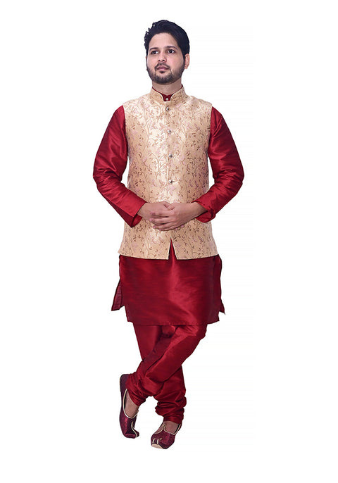 Designer Men's Festive Nehru Jacket/Waistcoat in Golden/Pink Color (D89)