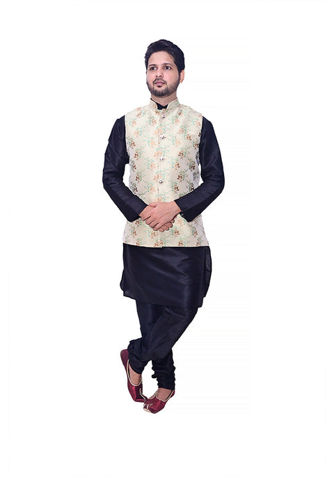 Designer Men's Festive Nehru Jacket/Waistcoat in Golden/Green Color (D92)