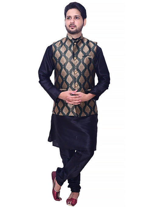 Designer Men's Festive Nehru Jacket/Waistcoat in Green/Golden Color (D86)