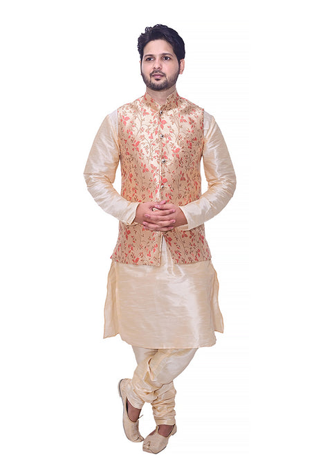 Designer Men's Festive Nehru Jacket/Waistcoat in Golden/Red Color (D88)