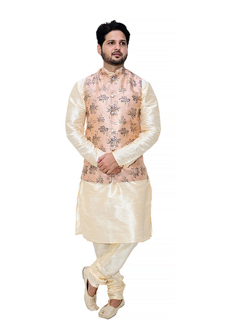 Designer Men's Festive Nehru Jacket/Waistcoat in Peach/Blue Color (D90)