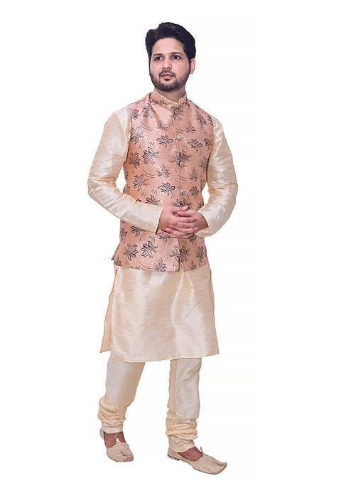 Designer Men's Festive Nehru Jacket/Waistcoat in Peach/Blue Color (D90)