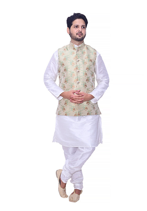 Designer Men's Festive Nehru Jacket/Waistcoat in Golden/Green Color (D92)