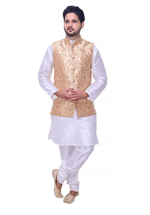 Designer Men's Festive Nehru Jacket/Waistcoat in Golden/Pink Color (D89)