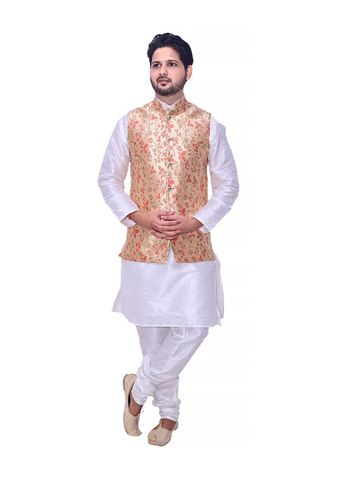 Designer Men's Festive Nehru Jacket/Waistcoat in Golden/Red Color (D88)