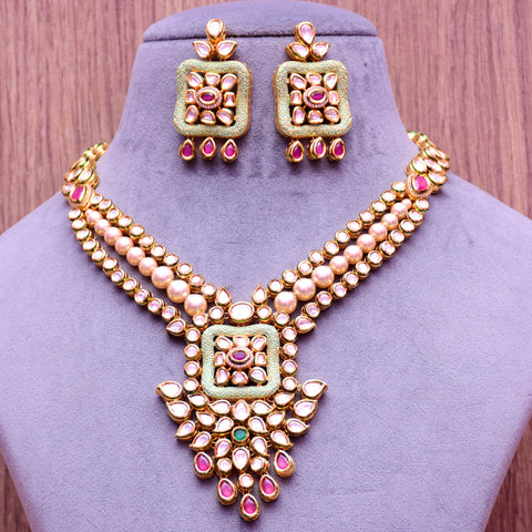 Designer Royal Kundan Red & Green Long Necklace with Earrings (D592)