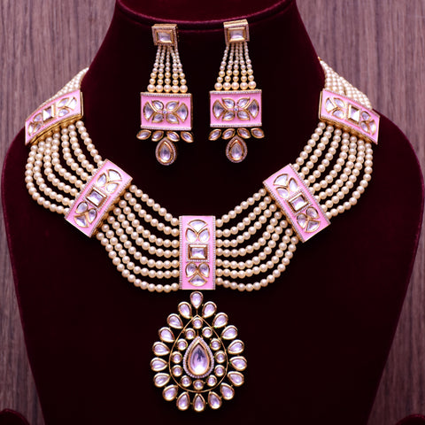 Designer Gold Plated Royal Kundan & Pink Long Necklace Set (D605)