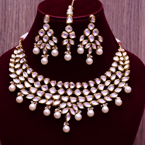 Designer Gold Plated Royal Kundan Necklace with Earrings & Mangtikka (D604)