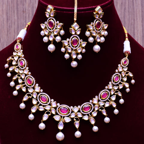 Designer Royal Kundan Ruby Necklace with Earrings & Mangtikka (D598)