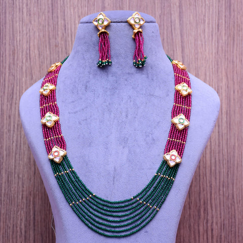 Designer Royal Kundan Red & Green Long Necklace with Earrings (D593)