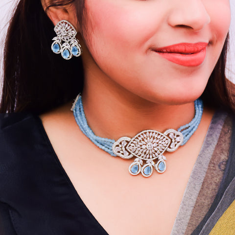 Designer Semi-Precious American Diamond Sky Blue Color Beads Necklace with Earrings (D662)