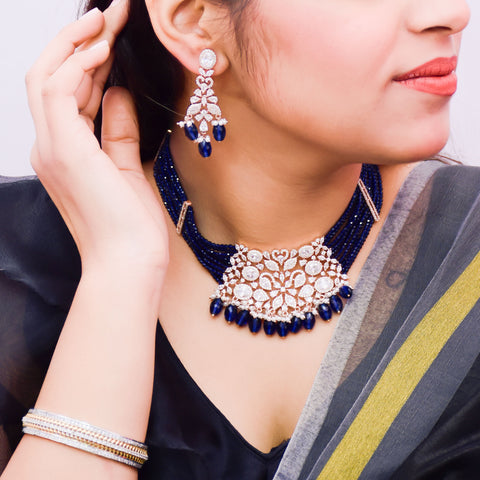Designer Semi-Precious American Diamond & Blue Color Beads Necklace with Earrings (D659)