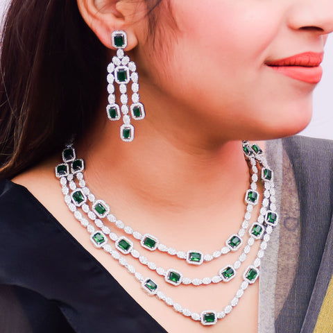 Designer Semi-Precious American Diamond & Emerald Necklace with Earrings (D661)