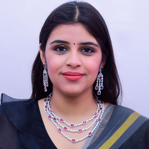Designer Semi-Precious American Diamond & Ruby Necklace with Earrings (D660)