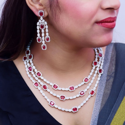 Designer Semi-Precious American Diamond & Ruby Necklace with Earrings (D660)