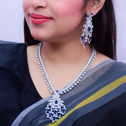 Designer Semi-Precious American Diamond & Blue Color Necklace with Earrings (D667)