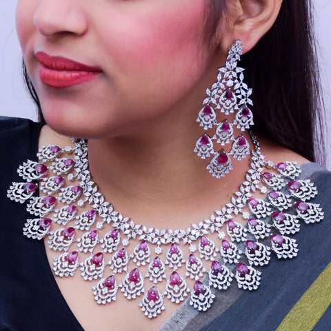Designer Semi-Precious American Diamond & Ruby Necklace with Earrings (D668)