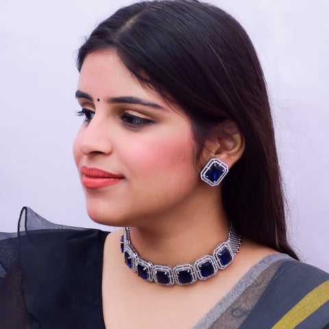 Designer Semi-Precious American Diamond blue Color Choker Style Necklace with Earrings (D672)