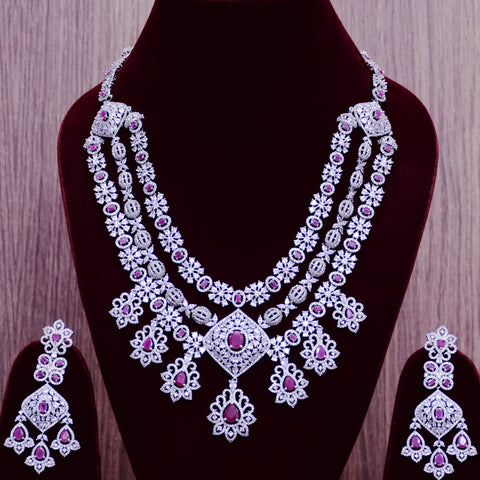 Designer Semi-Precious American Diamond & Ruby Necklace with Earrings (D676)
