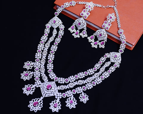 Designer Semi-Precious American Diamond & Ruby Necklace with Earrings (D676)