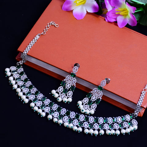 Designer Semi-Precious American Diamond Emerald Necklace & Earrings With Pearls Beads (D673)