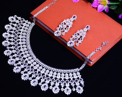 Designer Semi-Precious American Diamond & Black Necklace with Earrings (D682)