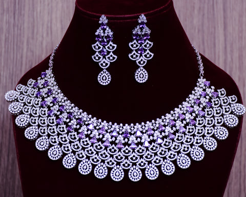 Designer Semi-Precious American Diamond & Purple Necklace with Earrings (D675)