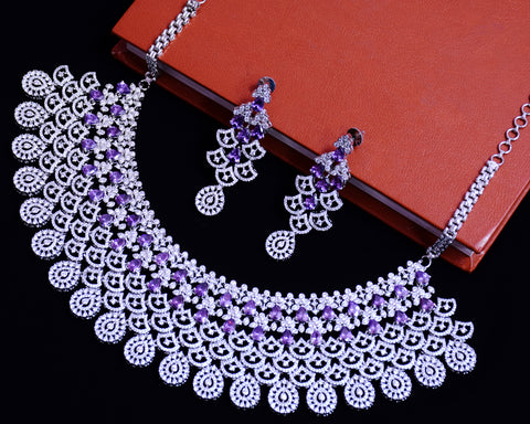 Designer Semi-Precious American Diamond & Purple Necklace with Earrings (D675)