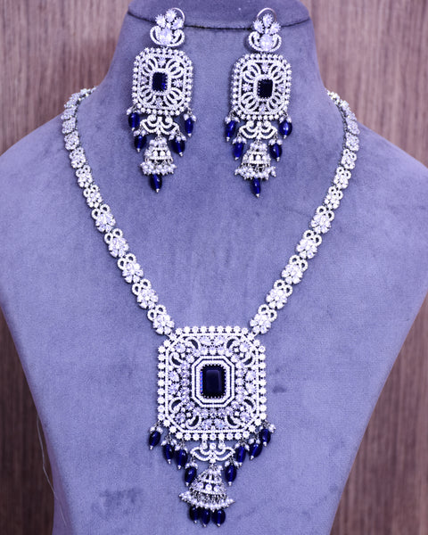 Designer Semi-Precious American Diamond & Blue Shpphire Pendant Set (D683)