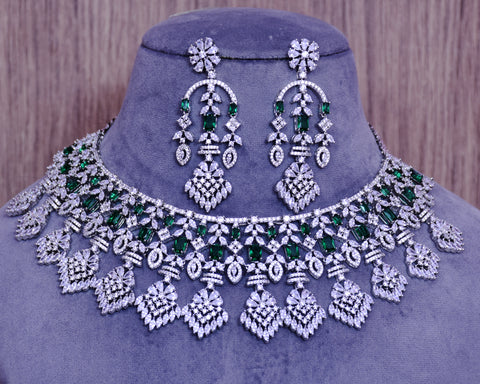 Designer Semi-Precious American Diamond & Emerald Necklace with Earrings (D674)