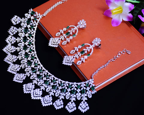 Designer Semi-Precious American Diamond & Emerald Necklace with Earrings (D674)