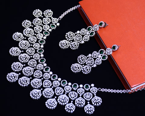 Designer Semi-Precious American Diamond & Green Emerald Necklace with Earrings (D681)