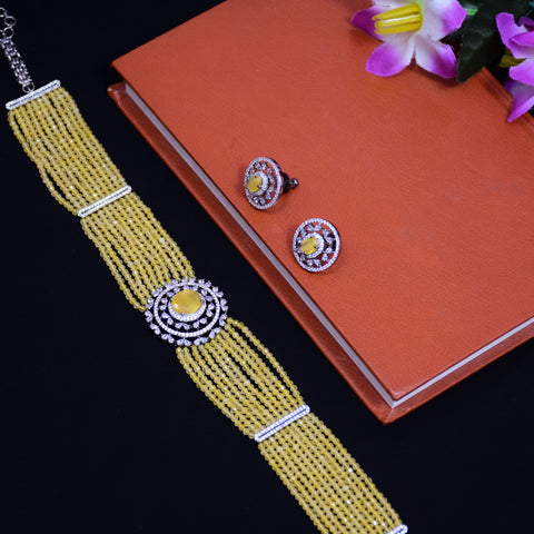 Designer Semi-Precious American Diamond Choker Style Necklace with Earrings