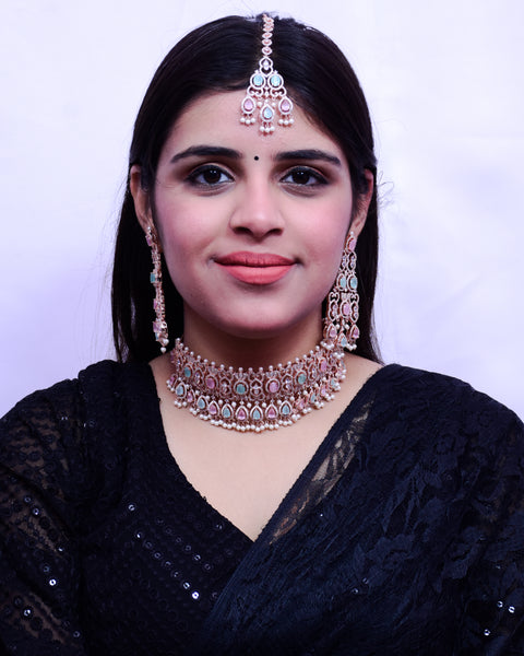 Designer Semi-Precious American Diamond & Multi Color Choker Style Necklace with Earrings (D686)