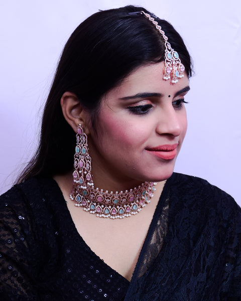 Designer Semi-Precious American Diamond & Multi Color Choker Style Necklace with Earrings (D686)